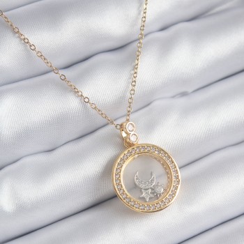 316L Çelik Gold Renk Zirkon Taş Detay Ay Yıldız Fanus Model Kadın Kolye