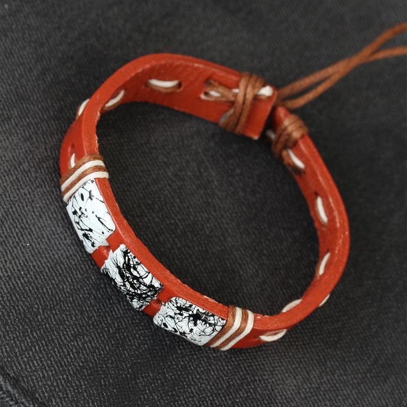 Mermer Taşlı Kahverengi Deri Erkek Bileklik