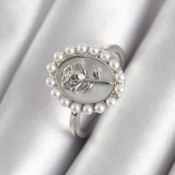 Pirinç Gümüş Renk Portre Gül Model İnci Detay Kadın Yüzük